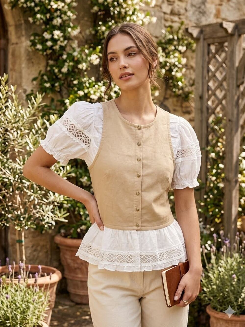 ee:some Puff-Sleeve Twofer Top Vest Blouse Anthropologie NWOT